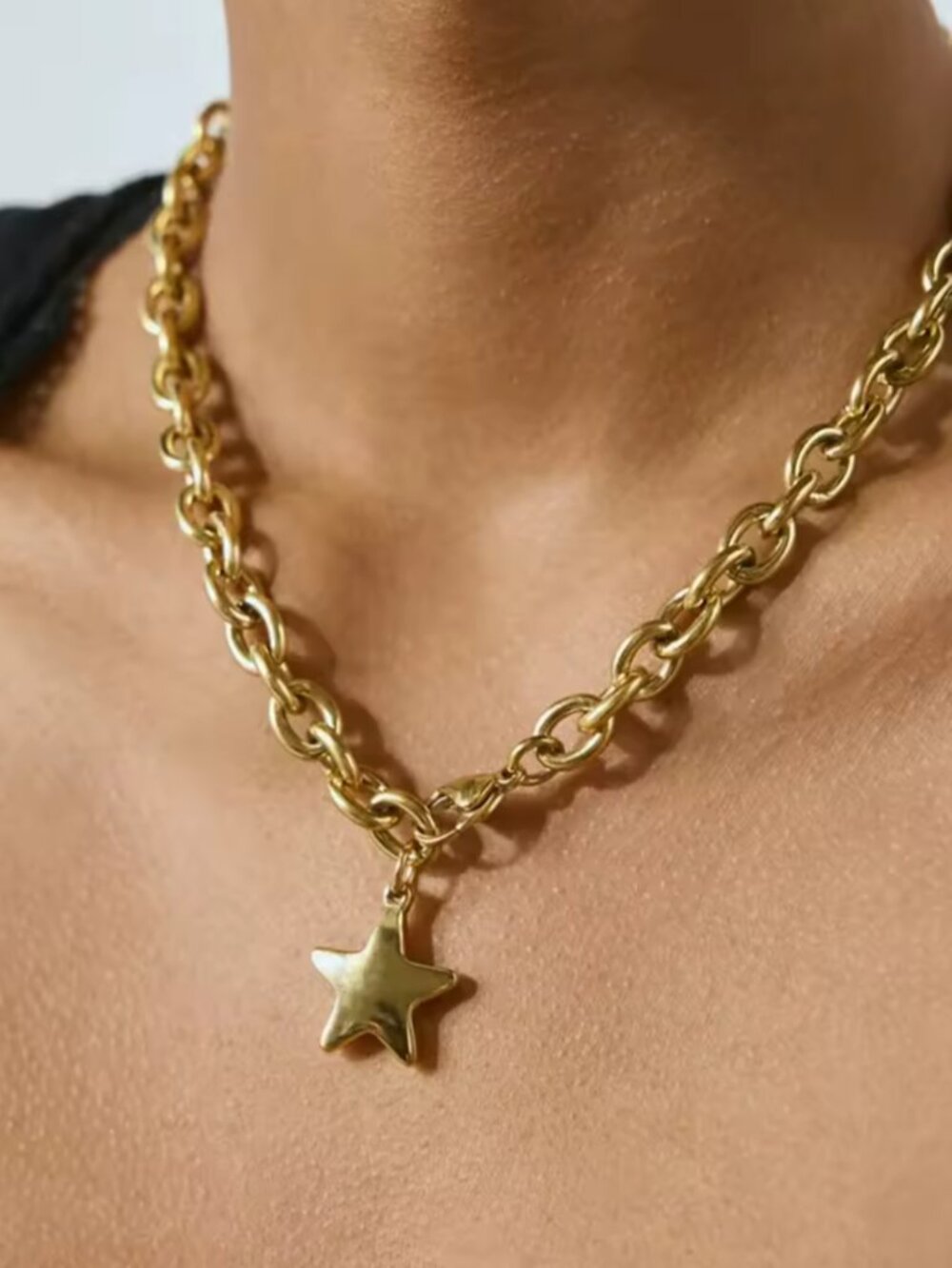 Star Necklace Waterproof Clasp In front Silver or Gold Chunky Chain Necklace - Picture 2 of 9